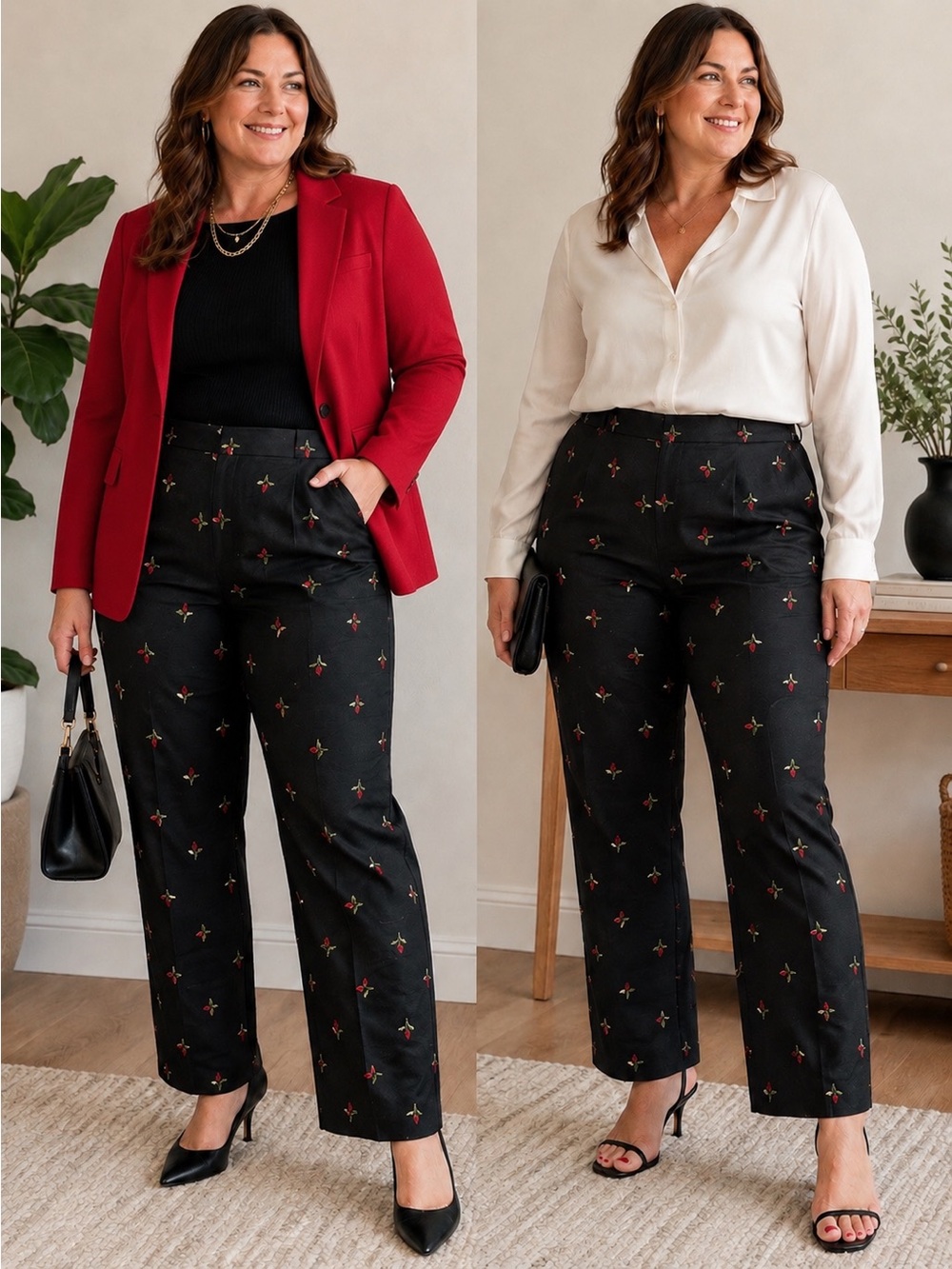 Finity Studio Black Embroidered Silk Trousers with Floral Motif